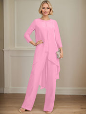 Separates Jumpsuit/Pantsuit Scoop Floor-Length Chiffon Mother of the Bride Dress With Sequins Beading