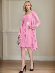 Sheath/Column Sweetheart Knee-Length Chiffon Mother of the Bride Dress With Beading Appliques Lace Sequins Pleated