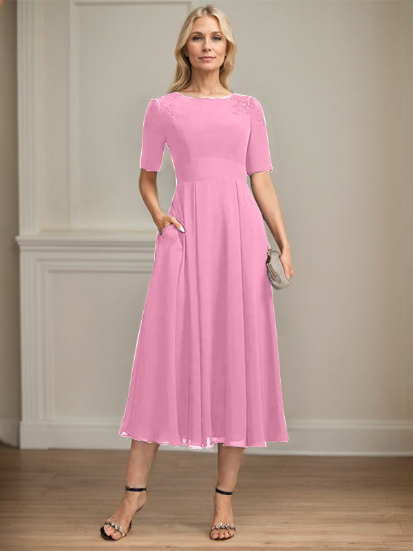 A-line Scoop Tea-Length Chiffon Mother of the Bride Dress With Appliques Lace Sequins