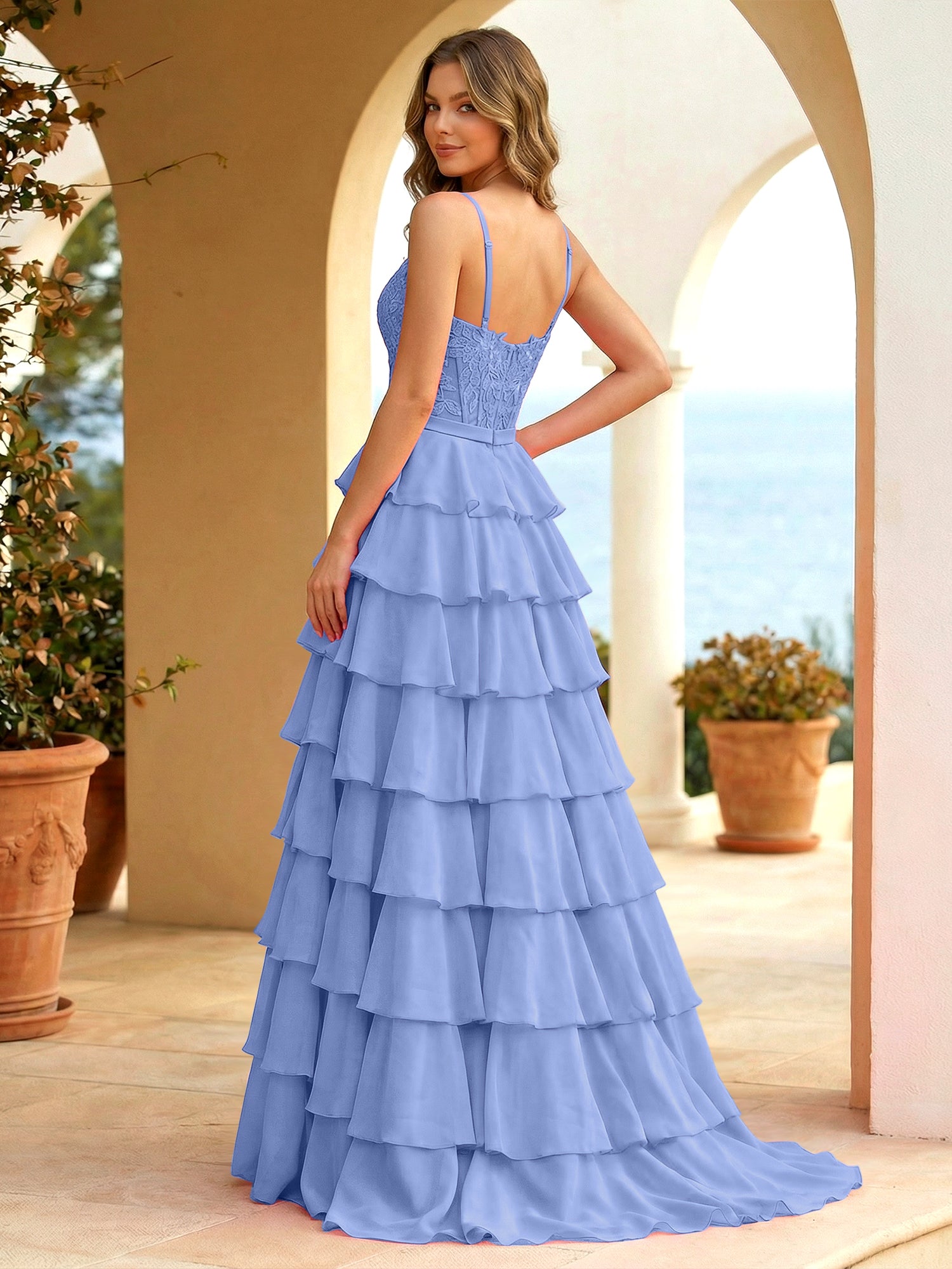 Pink Lace Corset Tiered Ruffle Long Prom Dress