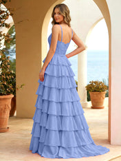 Pink Lace Corset Tiered Ruffle Long Prom Dress