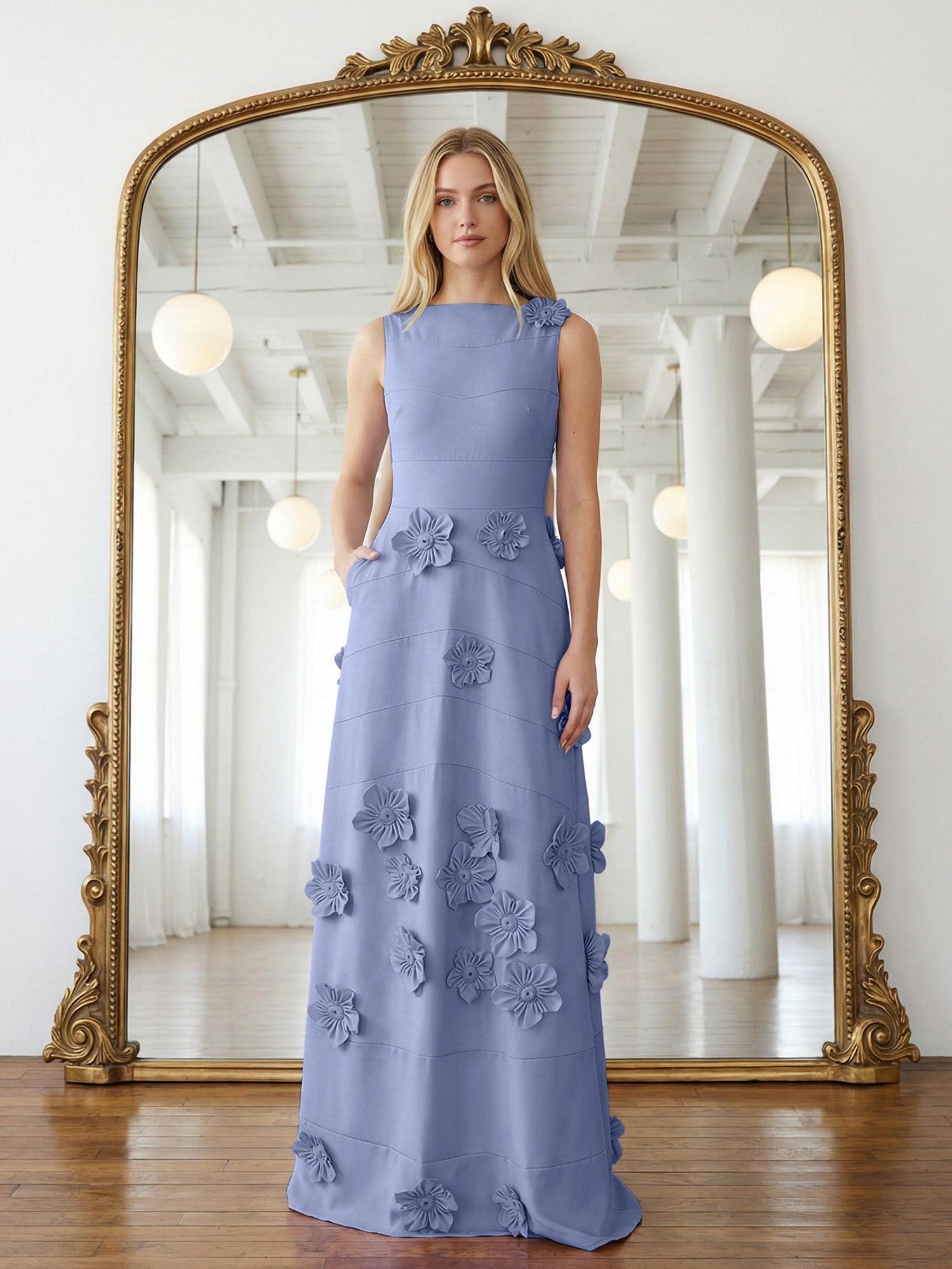 Lavender Boat Neck Formal Gown with Cascading 3D Flowers