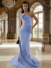 A Line One Shoulder Sleeveless Floor Length Stretch Crepe Dress With 3D Flowers
