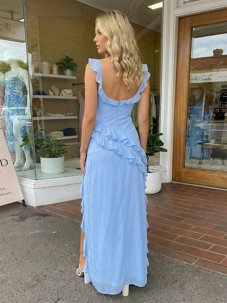 Periwinkle Blue Ruffle Slit Maxi Dress Prom Dress