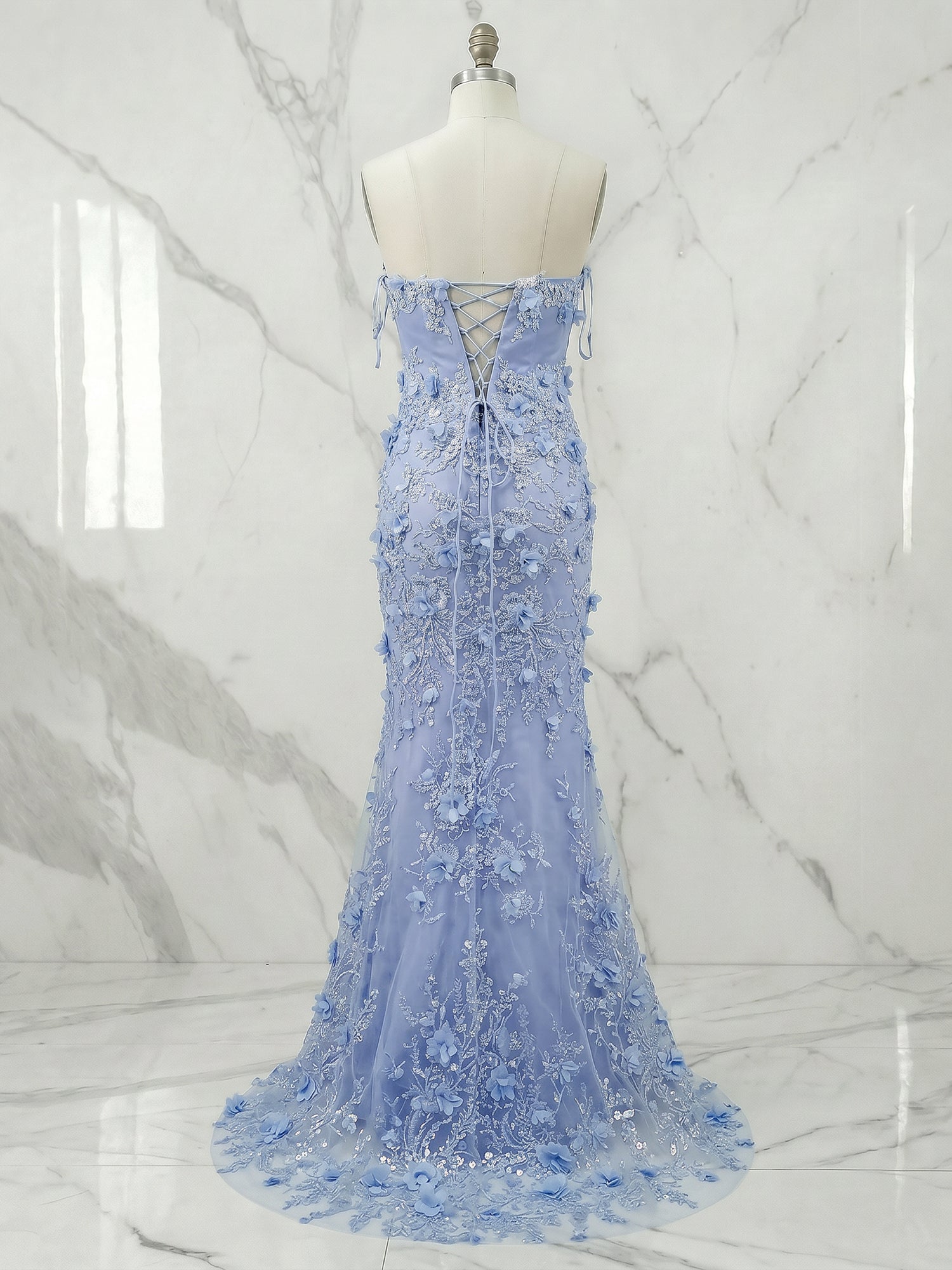 Periwinkle Strapless 3D Floral Appliqué Long Prom Dress
