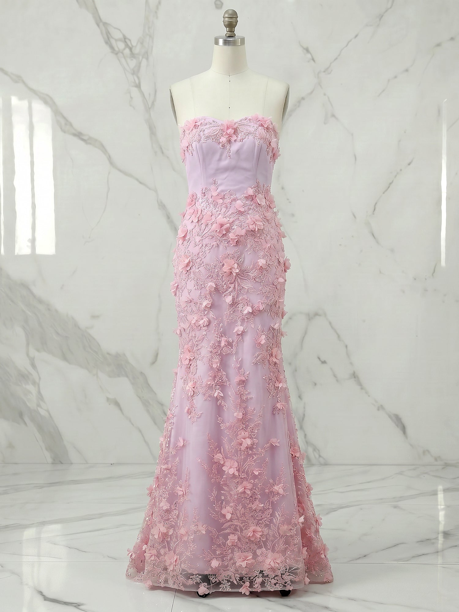 Periwinkle Strapless 3D Floral Appliqué Long Prom Dress