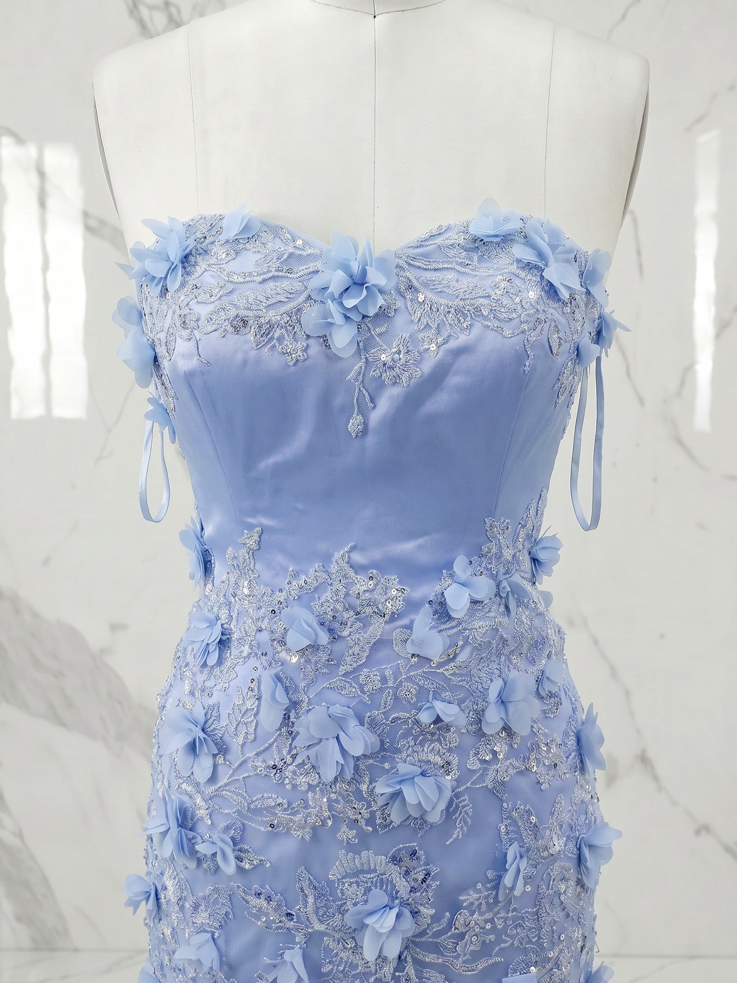 Periwinkle Strapless 3D Floral Appliqué Long Prom Dress