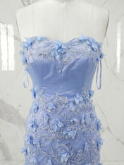 Periwinkle Strapless 3D Floral Appliqué Long Prom Dress