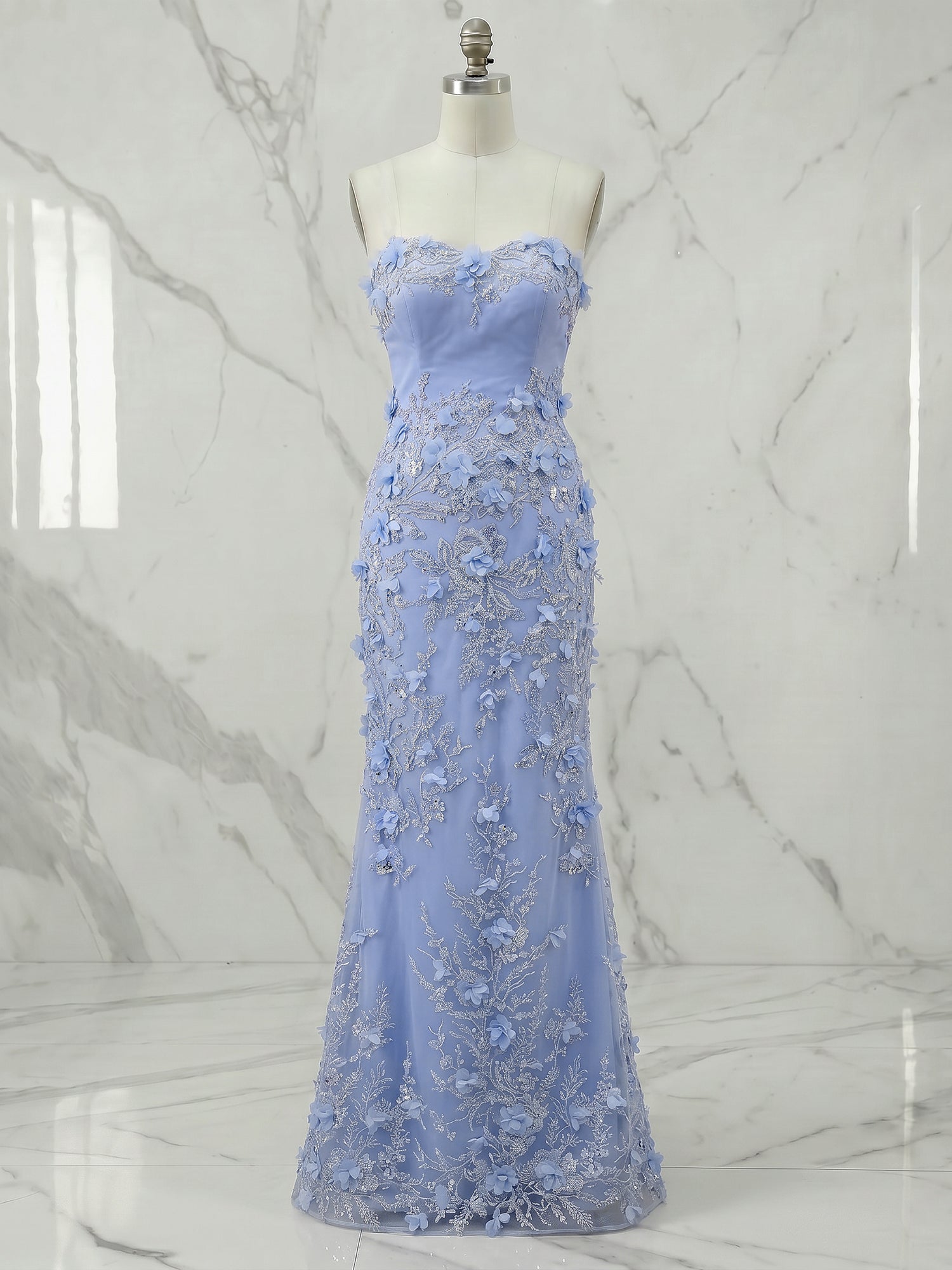 Periwinkle Strapless 3D Floral Appliqué Long Prom Dress