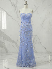 Periwinkle Strapless 3D Floral Appliqué Long Prom Dress
