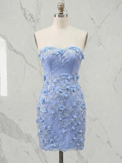 Periwinkle Strapless 3D Floral Appliqué Short Homecoming Dress