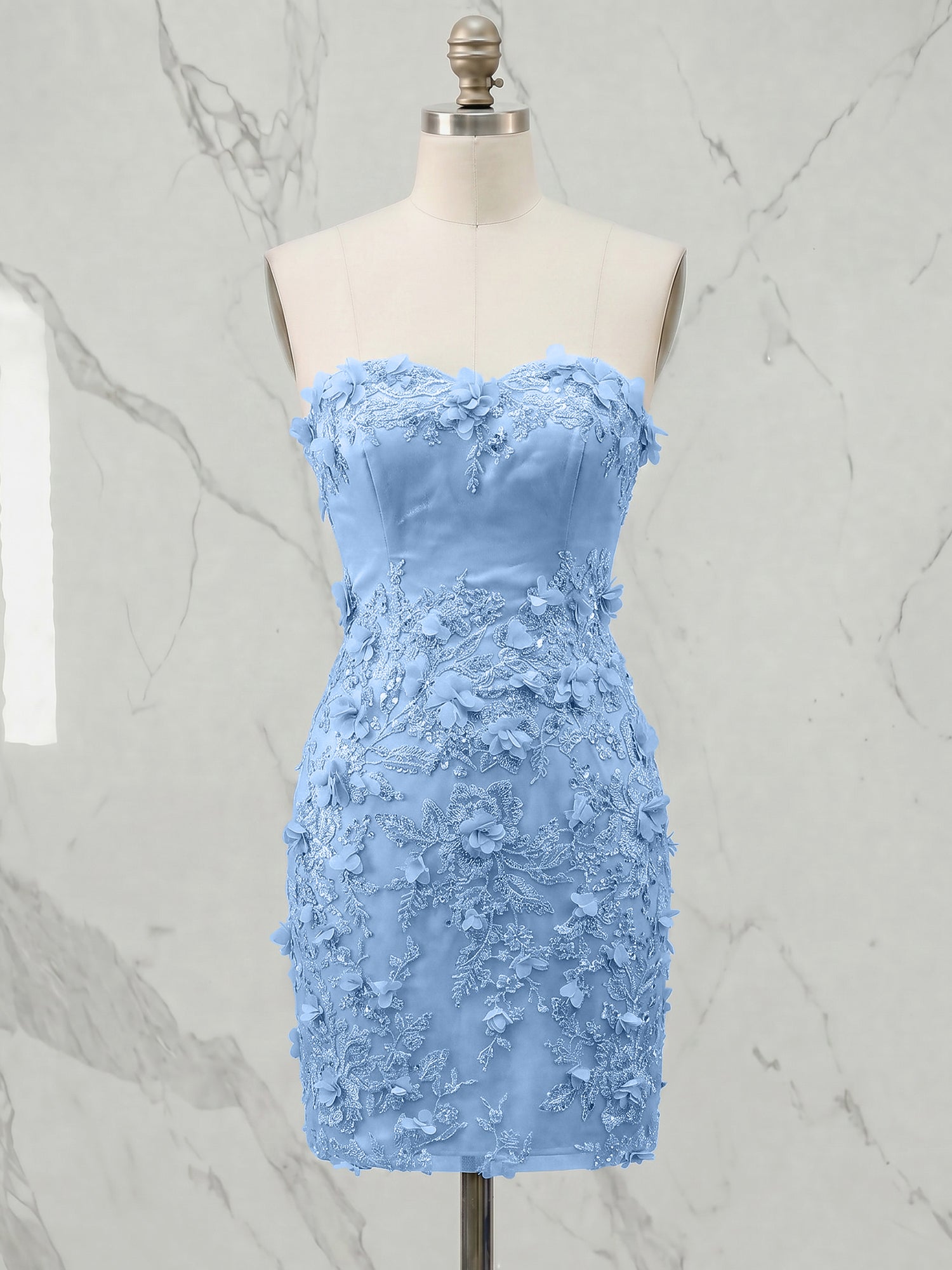 Periwinkle Strapless 3D Floral Appliqué Short Homecoming Dress