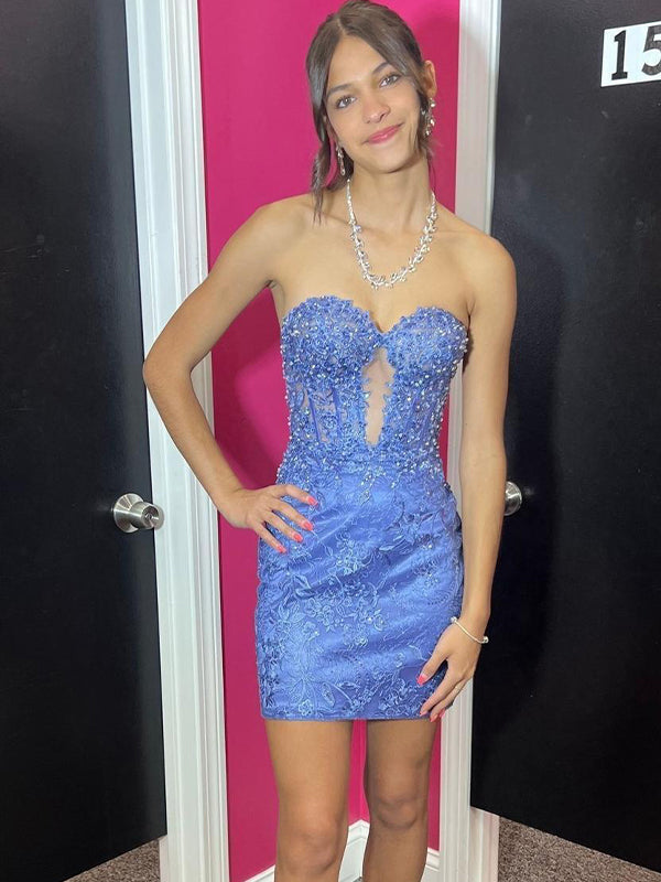 Periwinkle Off-Shoulder Sheath Party Homecoming Dress with Appliques