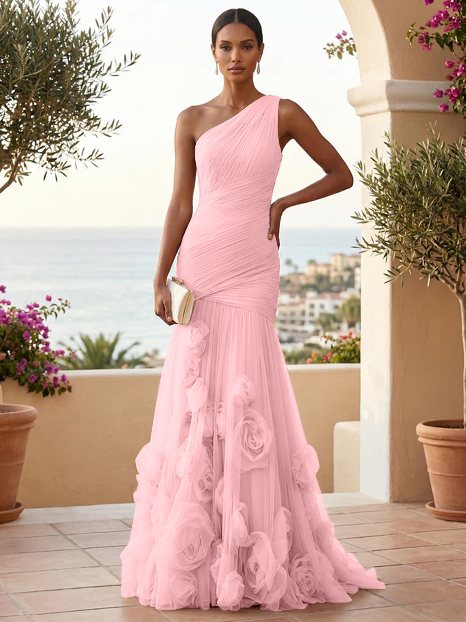 Sweetheart Tulle Pleat One Shoulder Mermaid Evening Dresses Gown with 3D Flower