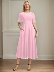 A-line Scoop Tea-Length Chiffon Mother of the Bride Dress With Appliques Lace Sequins