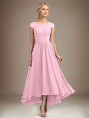 A-line Scoop Illusion Asymmetrical Lace Chiffon Mother of the Bride Dress With Pleated