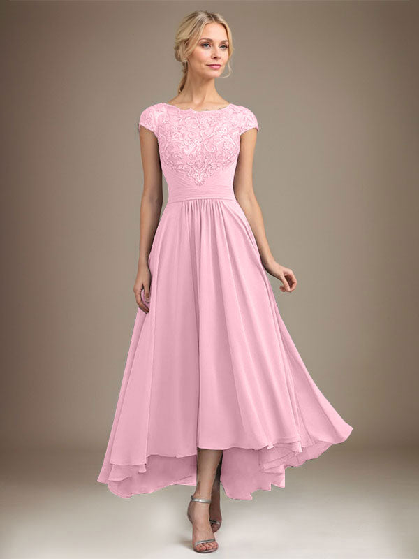 A-line Scoop Illusion Asymmetrical Lace Chiffon Mother of the Bride Dress With Pleated