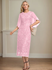 Sheath/Column Scoop Tea-Length Lace Chiffon Mother of the Bride Dress