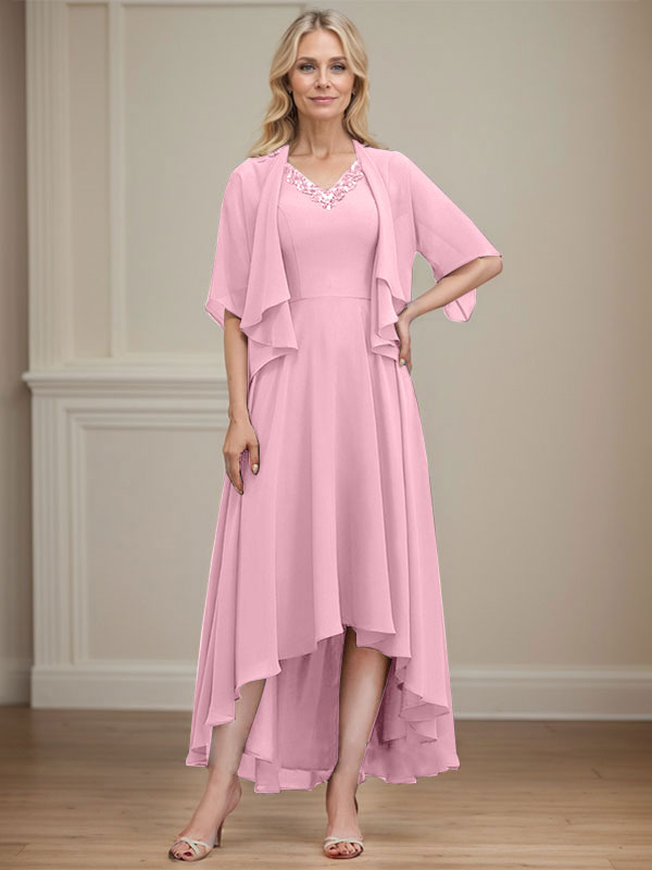 A-line V-Neck Asymmetrical Chiffon Mother of the Bride Dress With Beading Sequins