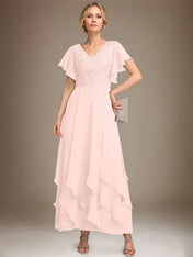 A-line V-Neck Ankle-Length Lace Chiffon Mother of the Bride Dress With Cascading Ruffles