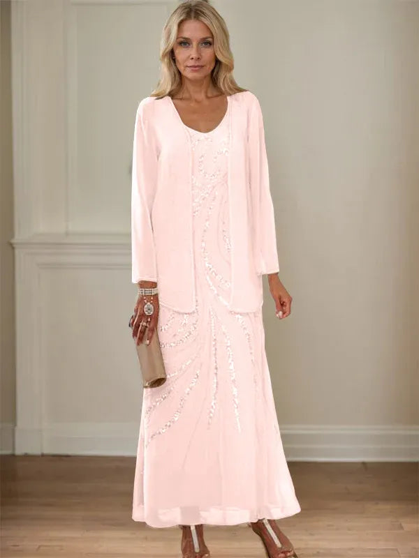 Robe de mère de la mariée fourreau/colonne, col en V, longueur cheville, avec veste et paillettes 