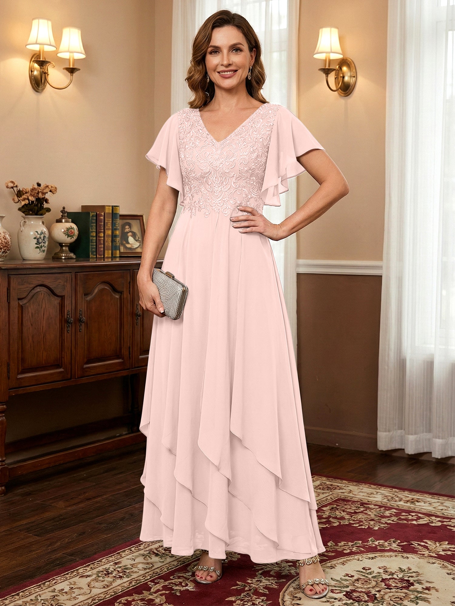 A-line V-Neck Ankle-Length Lace Chiffon Mother of the Bride Dress With Cascading Ruffles