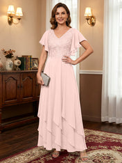 A-line V-Neck Ankle-Length Lace Chiffon Mother of the Bride Dress With Cascading Ruffles