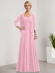 Robe de mère de la mariée trapèze carrée, longueur au sol, en mousseline de soie et dentelle, avec paillettes 
