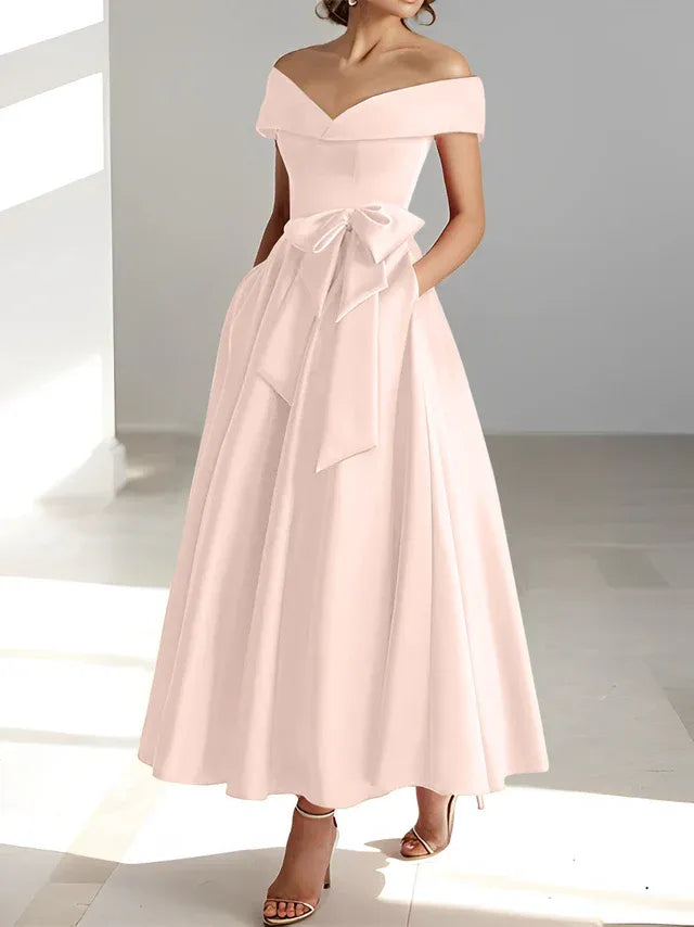 Princess Off-the-Shoulder Sleeveless Ankle-Length Mother of the Bride Dresses with Pockets