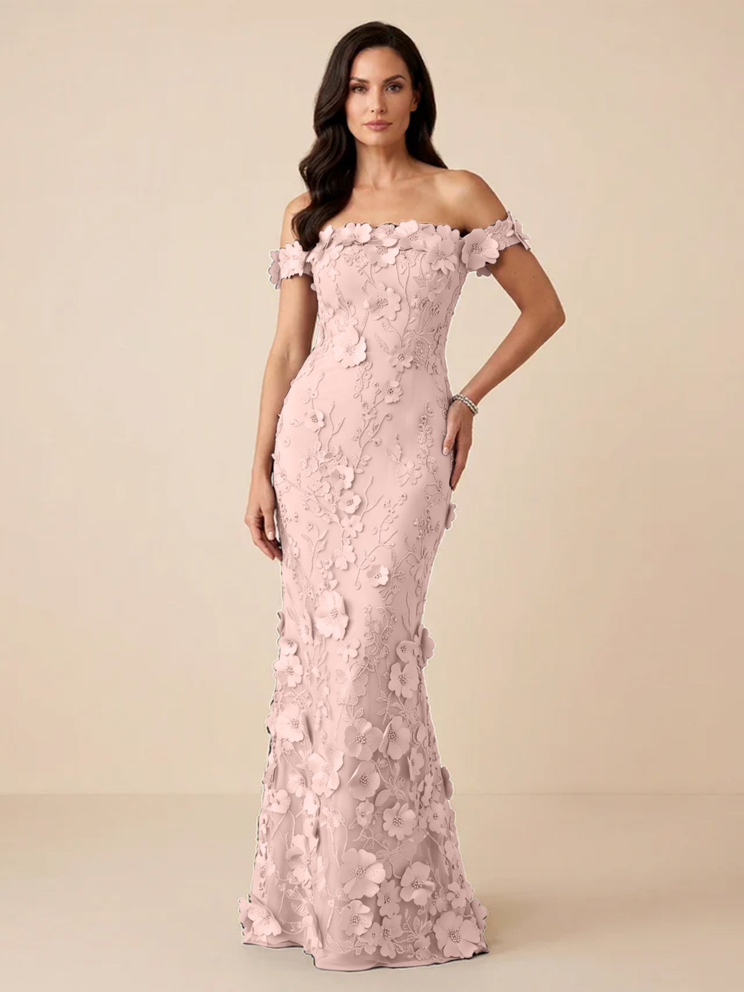 Black Off-the-Shoulder 3D Floral Mermaid Formal Gown Evening Dress