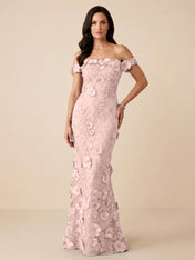 Black Off-the-Shoulder 3D Floral Mermaid Formal Gown Evening Dress