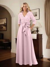 Classic V-Neck Bow Accented Satin Mother Of The Bride Dress With Lace