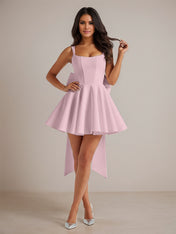 A-Line Square Neck Pleated Mini Homecoming Dress with Bow