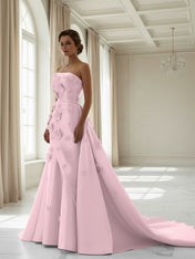 Pink A Line Satin Strapless Prom Dress with 3D Floral Appliques