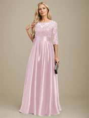 A-line Scoop Illusion Floor-Length Stretch Satin Lace Mother of the Bride Dress With Bow Sequins