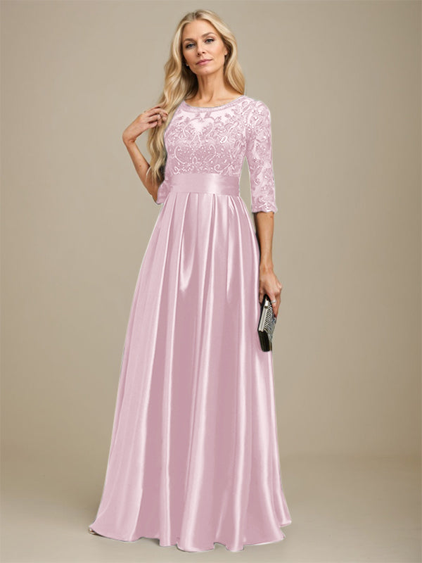 A-line Scoop Illusion Floor-Length Stretch Satin Lace Mother of the Bride Dress With Bow Sequins