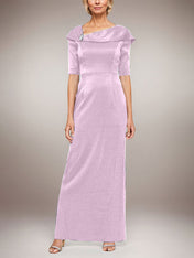 Long Shimmer Column Dress with Foldover Cuff L-Neckline and Elbow Sleeves