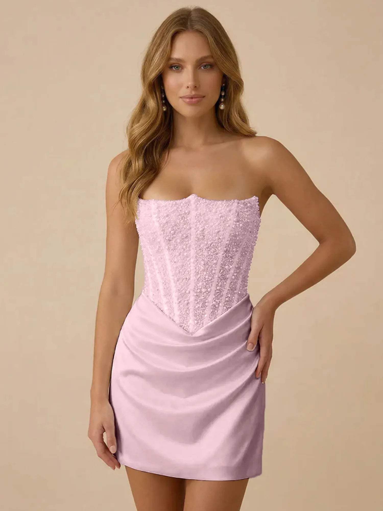 White Strapless Sequin Beaded Satin Short Homecoming Dress with Corset