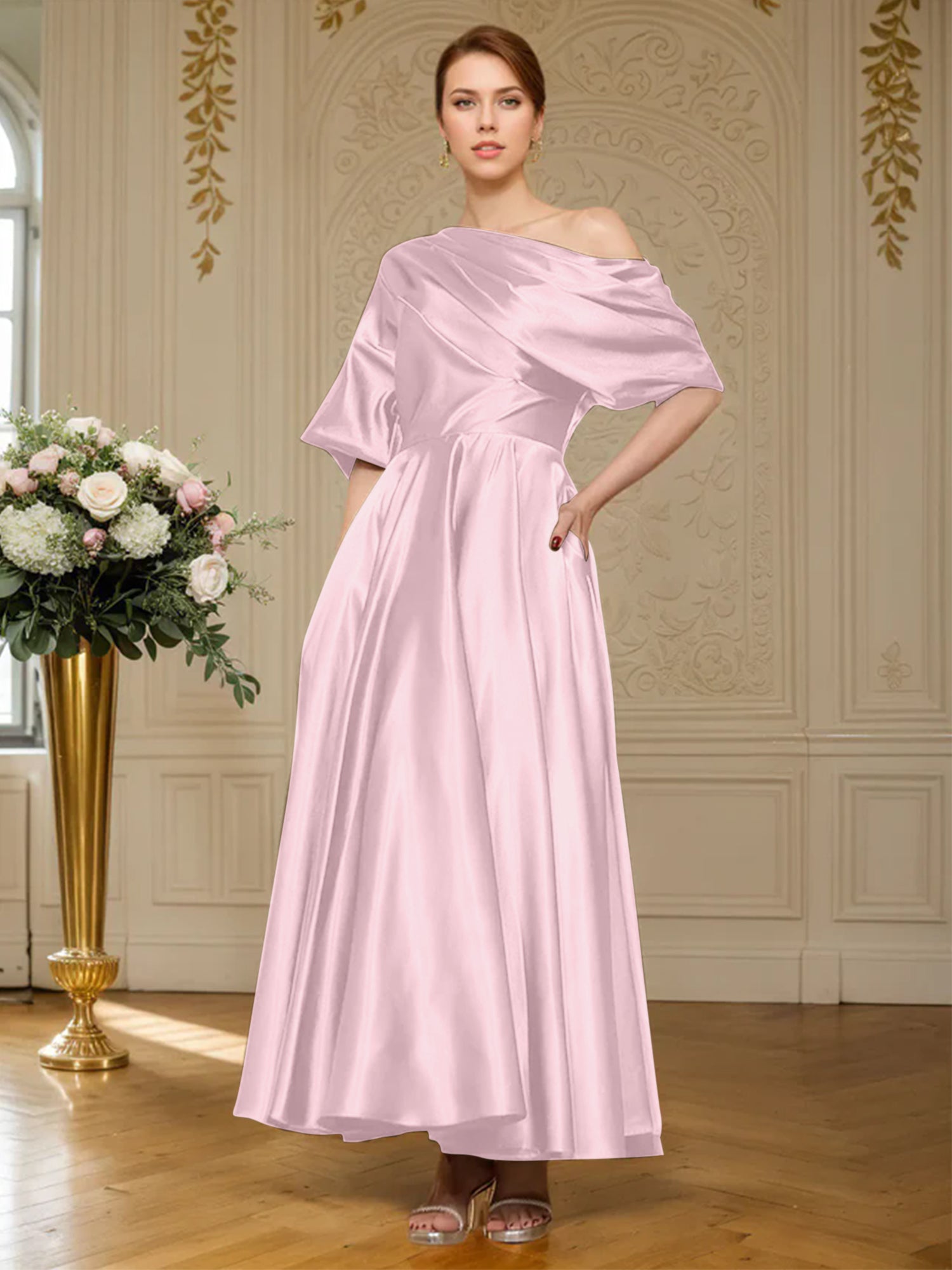 A-line Short Sleeves Pleated Ankle-Length Silk like Satin Mother of the Bride Dress