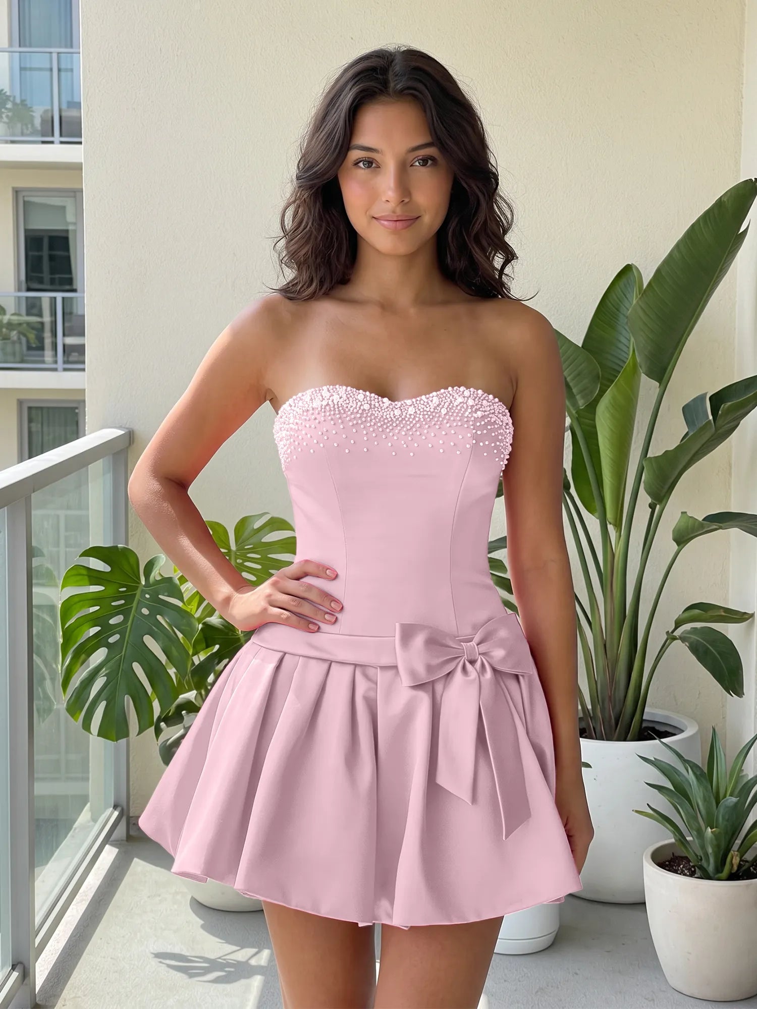Fuchsia Pearl Corset Short Homecoming Dresses Large Waist Bow Lace Up Back