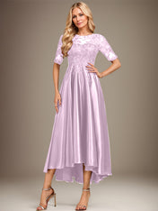 A-line Scoop Illusion Asymmetrical Stretch Satin Lace Mother of the Bride Dress With Sequins
