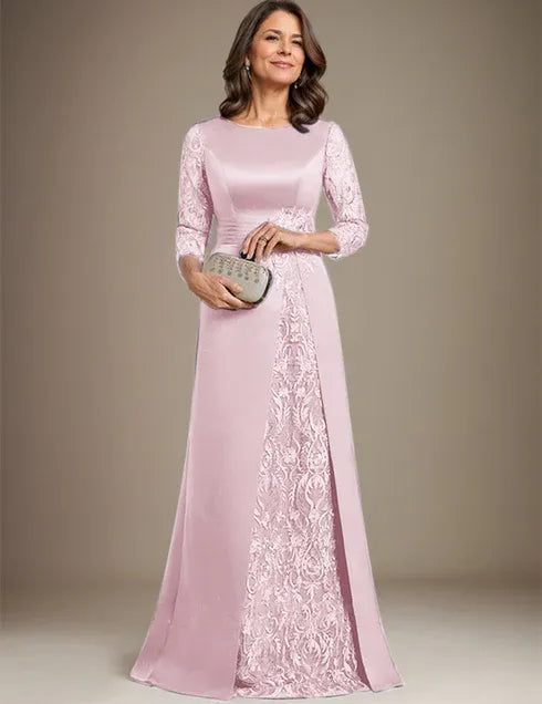 Robe de mère de la mariée en satin et dentelle, coupe trapèze, longueur au sol, avec appliques 
