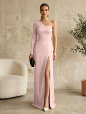 Long Sleeves Black One Shoulder Formal Dress Evening Gown