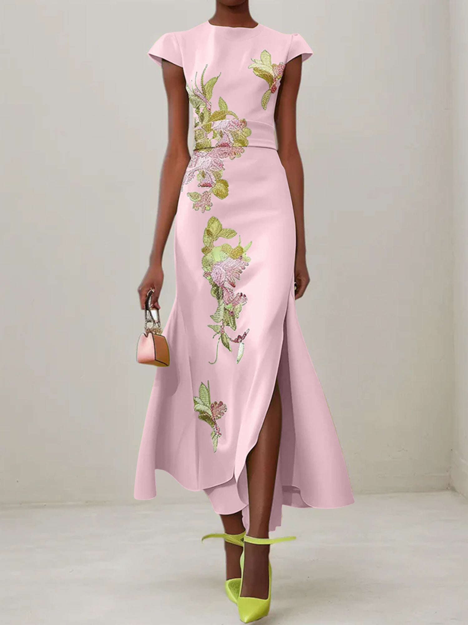 Green Floral Embroidered Cap Sleeve Slit Sheath Maxi Dress