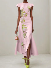 Green Floral Embroidered Cap Sleeve Slit Sheath Maxi Dress