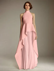 White Sleeveless High Neck Chiffon Long Formal Dress With Ruffles