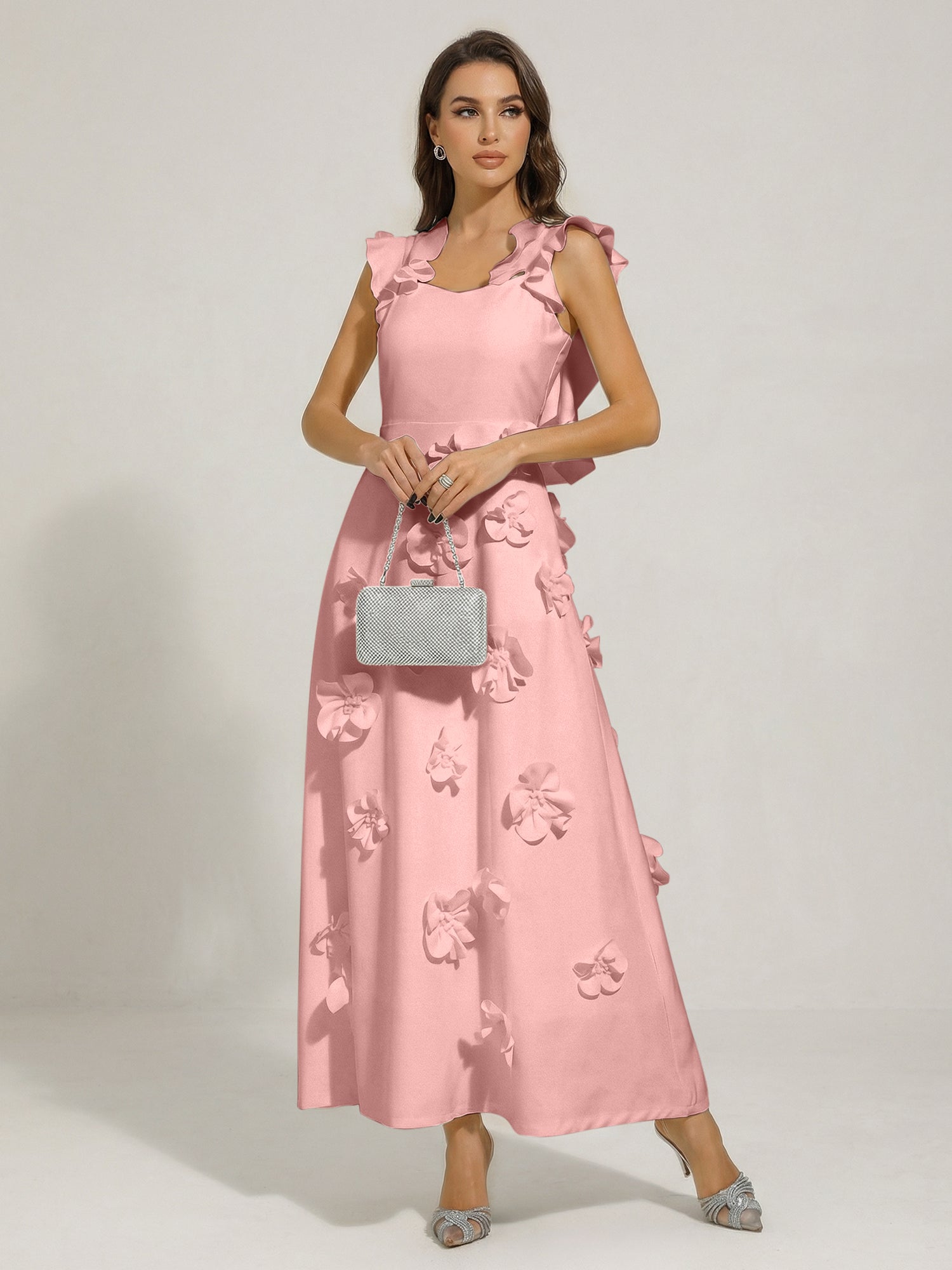 Chic White 3D Flowers A-Line Floor Length Stretch Crepe Dress with Pockets Maxi Dress