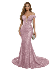 Sparkly Off The Shoulder Sequin Long Mermaid Corset Prom Dresses