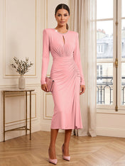 Dusty Rose Long Sleeve Ruched Midi Dress Formal Evening Gown