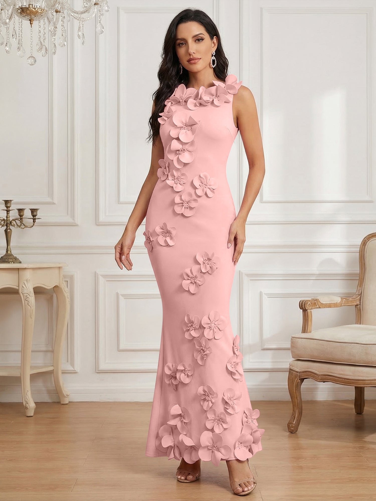 Romantic Pink Sleeveless 3D Floral Mermaid Gown